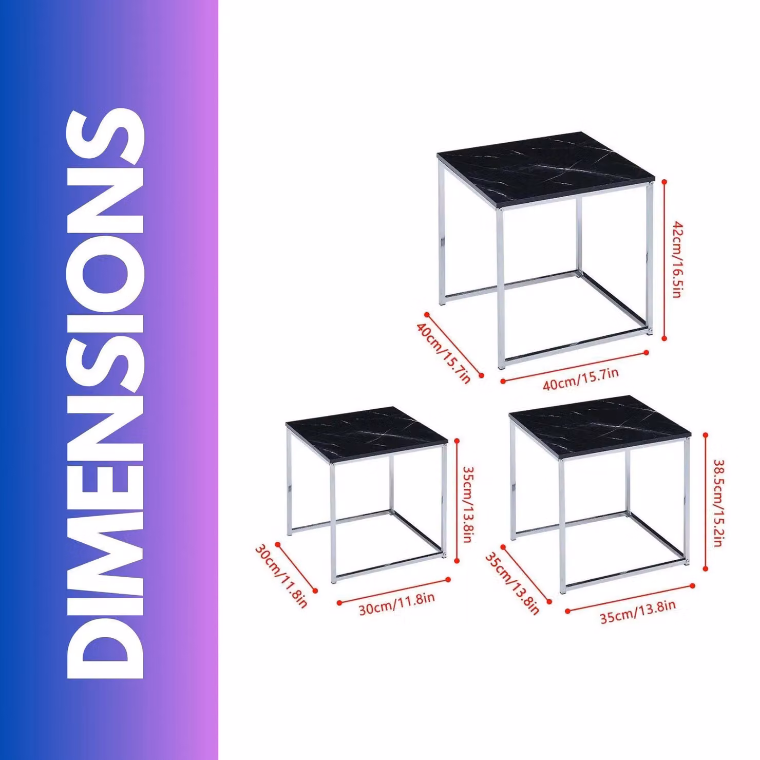 FURNOS Set of 3 Grey Faux Marble Nesting Tables with Square Glass Tops – 3