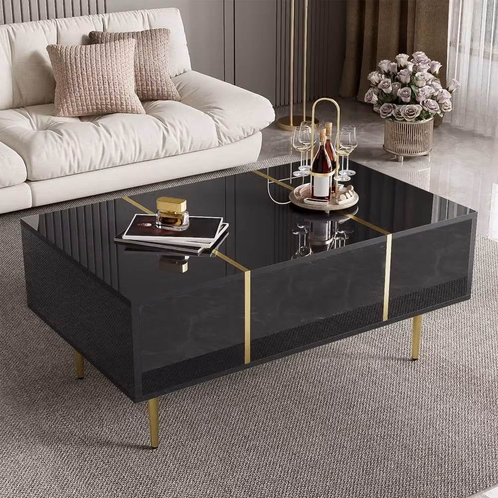 BTM Modern High Gloss Rectangular Coffee Table with Two Drawers in Black – 4