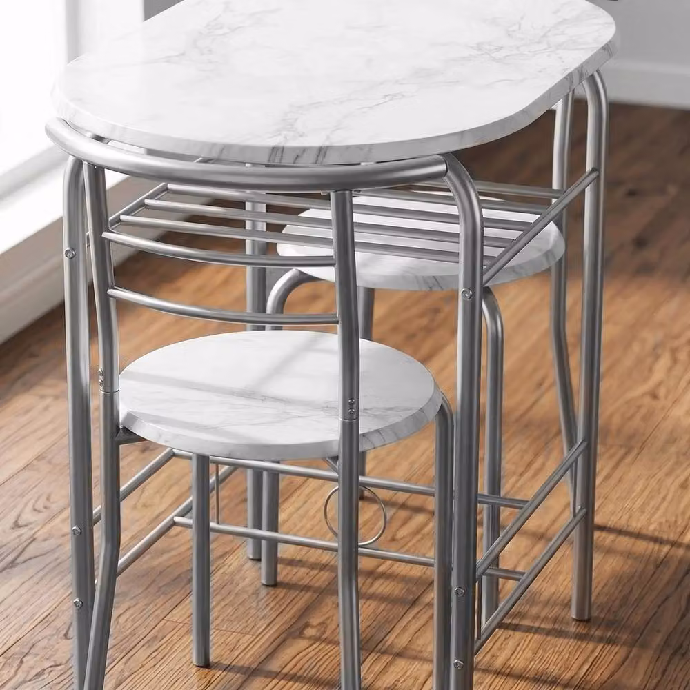 VOGREX Modern Compact Breakfast Dining Set with Table and 2 Chairs in White and Silver – 2