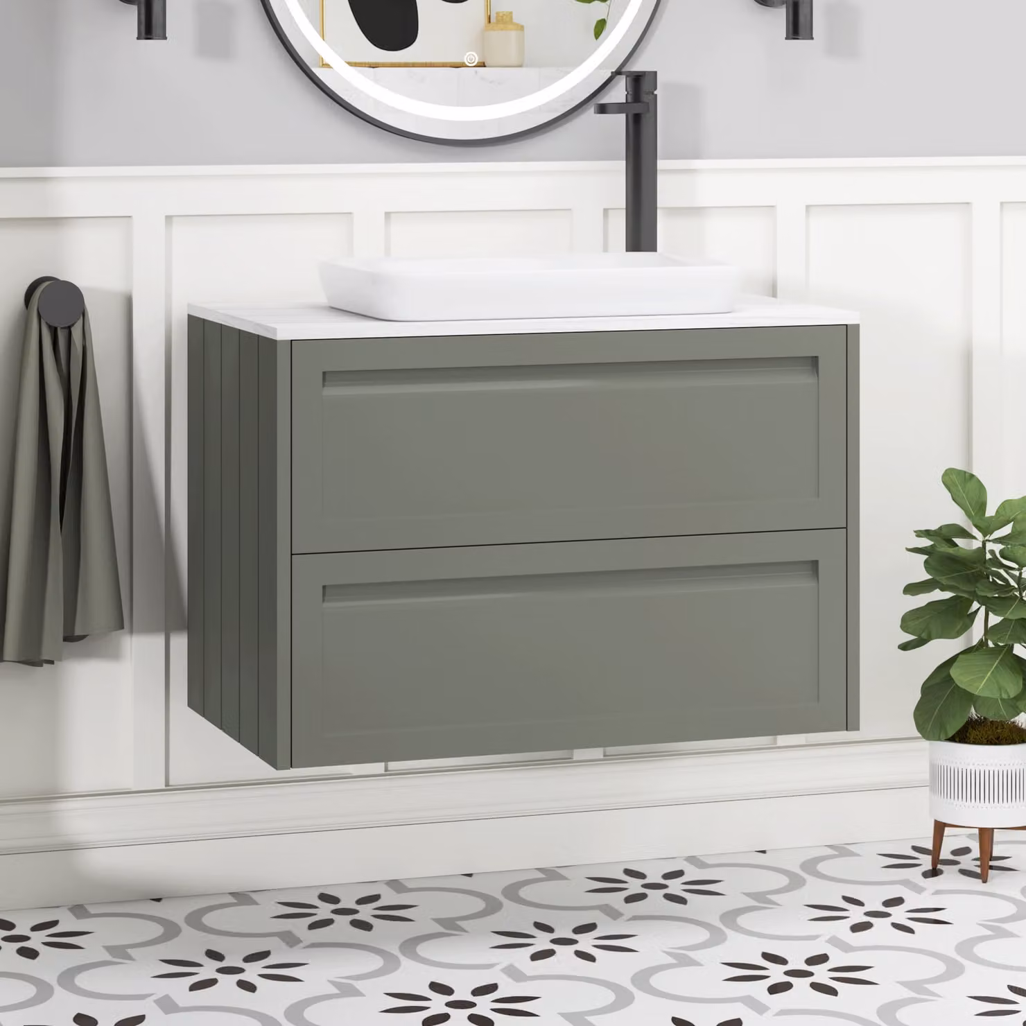 Royal Bathrooms Elmore Matt Green Wall Hung Vanity Unit with 2 Drawers and Qubix Basin, Width: 80 cm