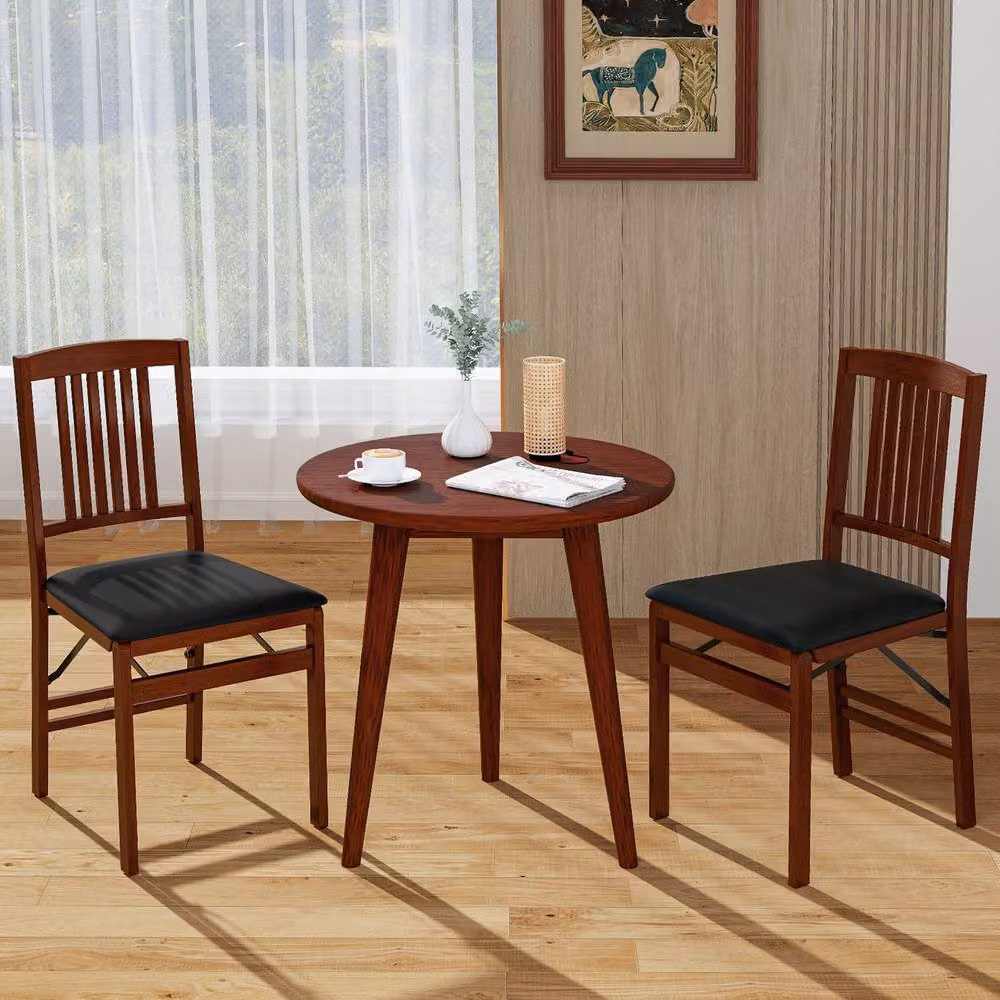 Gymax Set of 2 Brown Upholstered Folding Dining Chairs with Rubberwood Frame – 3