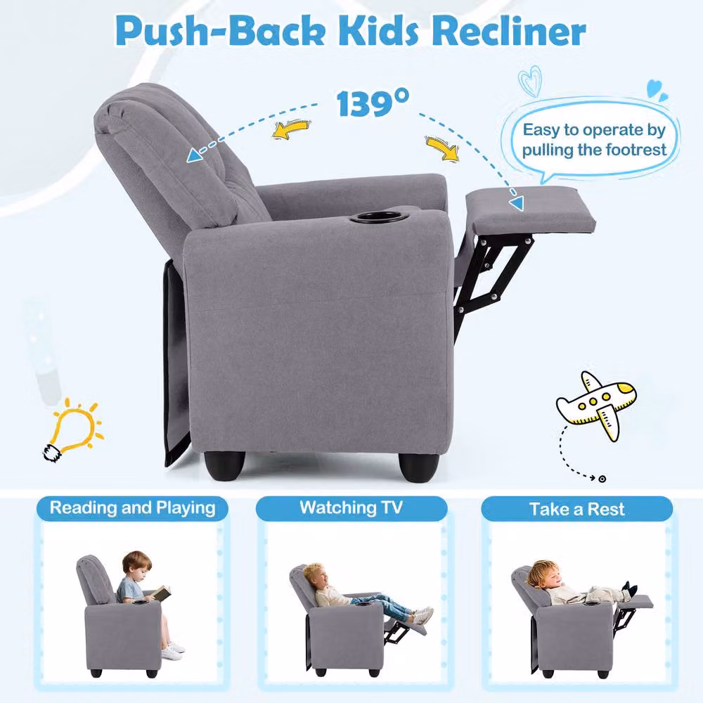 CASART Kids Adjustable Recliner Lounge Chair in Grey with Armrests and Solid Wood Frame – 2