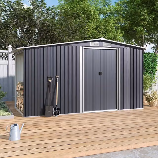 Breeins Metal Garden Shed with Log Store in Black, Height: 132 cm
