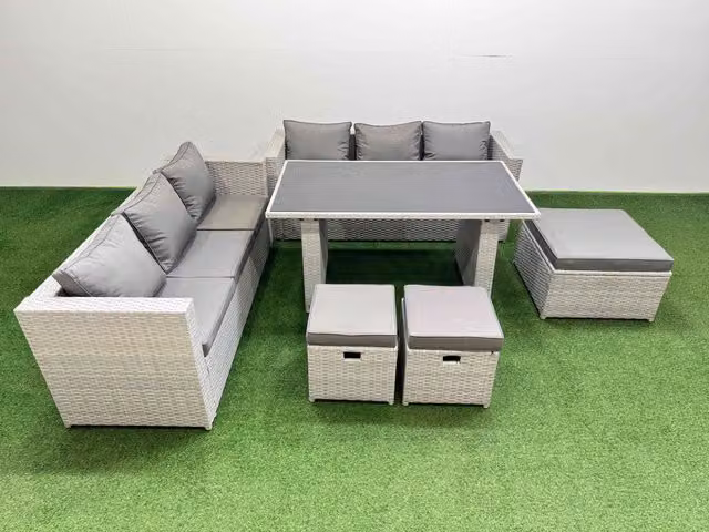 Fimous 9-Seater Patio Rectangular Table and Sofa Set with 3 Stools in Light Grey