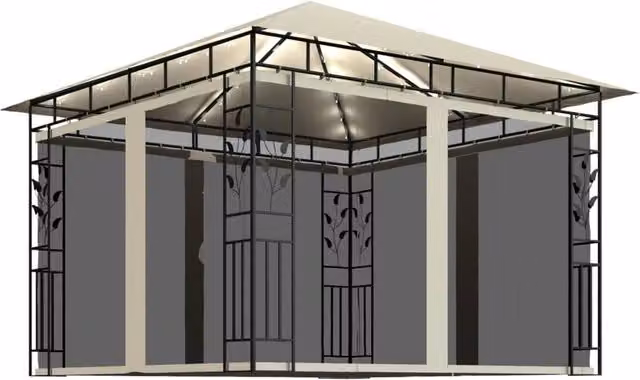 Berkfield Home Gazebo with Mosquito Net and LED String Lights, Beige, W/D/H: 300 x 300 x 273 cm