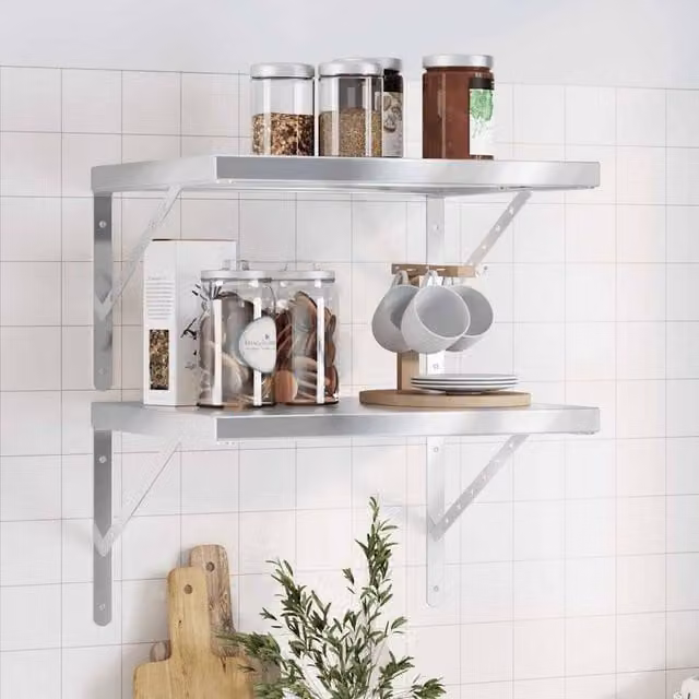 Berkfield Home Set of 2 Silver Stainless Steel Wall Mounted Shelves, W: 50 cm, D: 40 cm, H: 3 cm