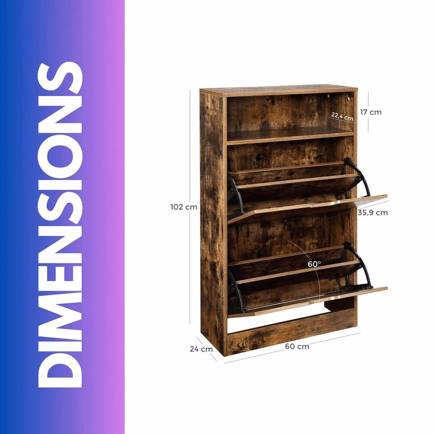FURNOS Rustic Brown 2 Drawer Shoe Storage Cabinet with Tilting Compartments and Open Shelf, W/D/H: 60 x 24 x 102 cm – 2