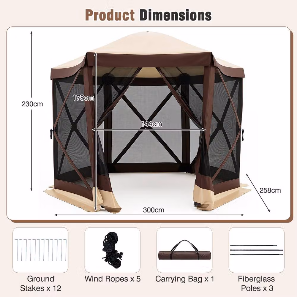 Costway Foldable 6-Sided Garden Gazebo with Net Sides and Zipped Door in Brown, W/D/H: 300 x 300 x 230 cm – 2