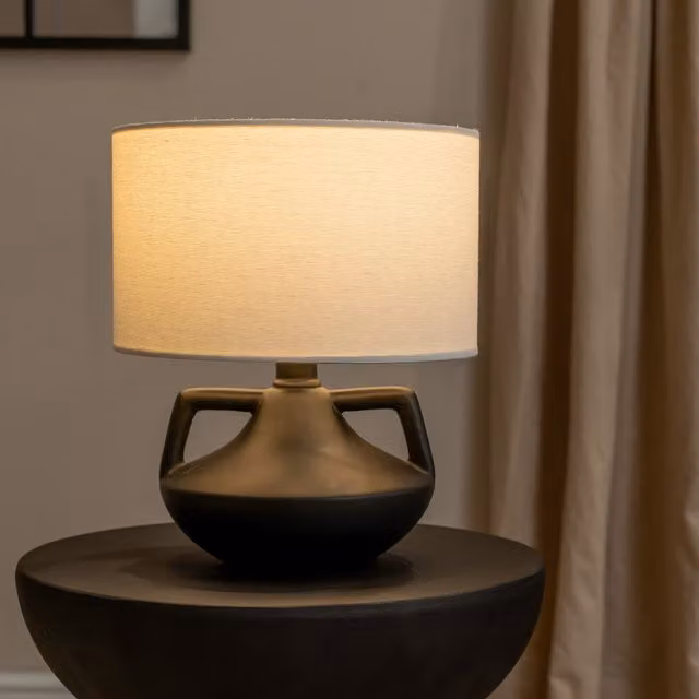 Zoe Ceramic Vase Table Lamp with Beige Linen Drum Lampshade and LED Bulb, Black