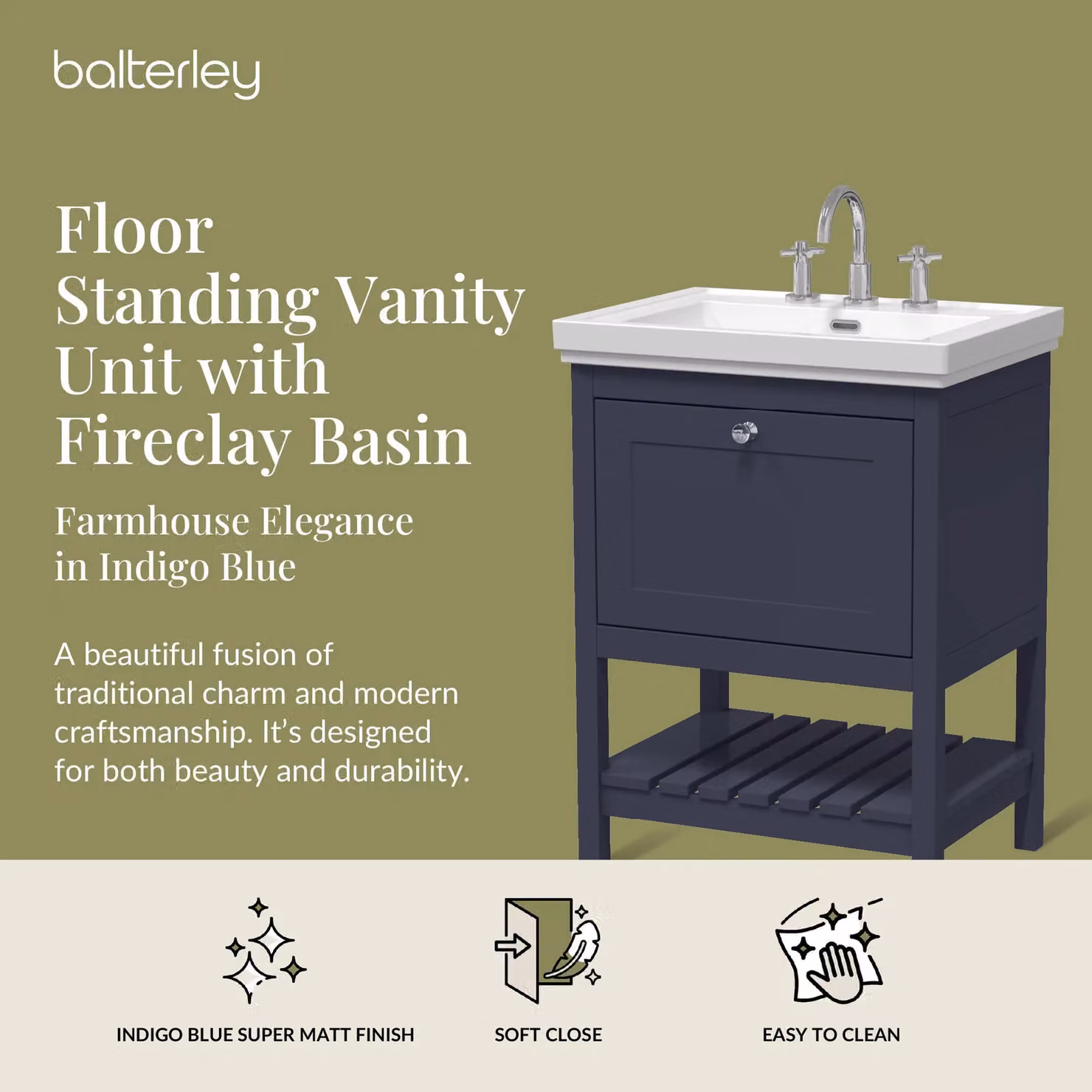 Balterley Blue Freestanding Bathroom Floor Vanity with 1 Drawer and 3 Tap Hole Fireclay Basin, Width: 60 cm – 2