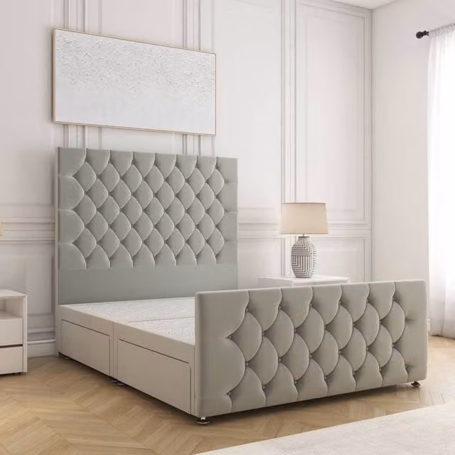 BSSPOKE Maya Super King Plush Velvet Divan Bed with 54 inch Headboard and 2 Drawers in Silver
