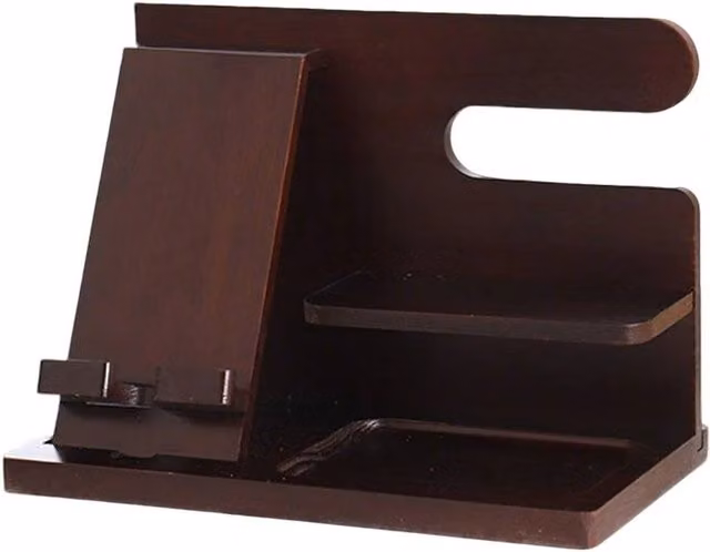 VOGREX Wooden Desktop Docking Station and Phone Stand Organiser in Brown