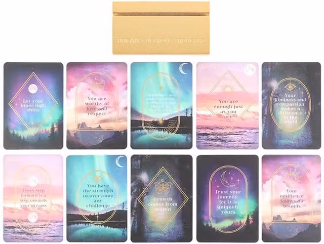 KDMK Ethereal Affirmation Cards Set with Wooden Stand in Multicolor and Yellow