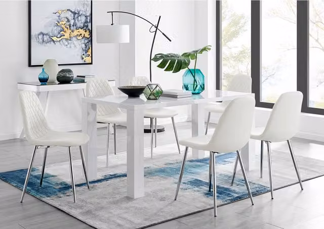 FurnitureboxUK Pivero White High Gloss Rectangular Dining Table and 6 Corona Silver Chairs