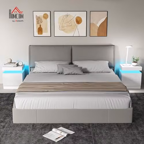 HOMCOM Set of 2 Modern High Gloss White Bedside Tables with Integrated LED Lighting – 2