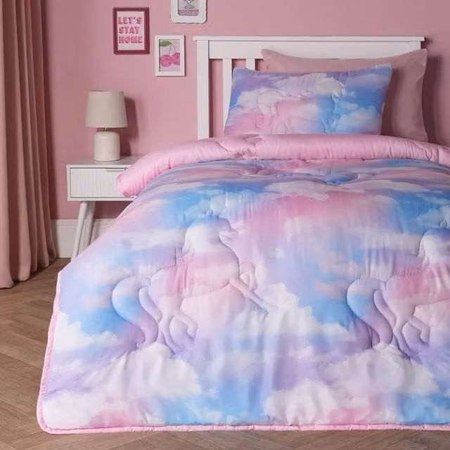 OHS Unicorn 7.5 Tog Coverless Microfibre Duvet and Pillowcase Kids Bedding Set, Single, Multicolour