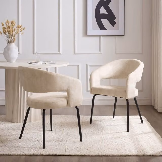 Modish Furnishing Jasmine Set of 2 Cream Velvet Dining Chairs with Black Metal Legs – 1