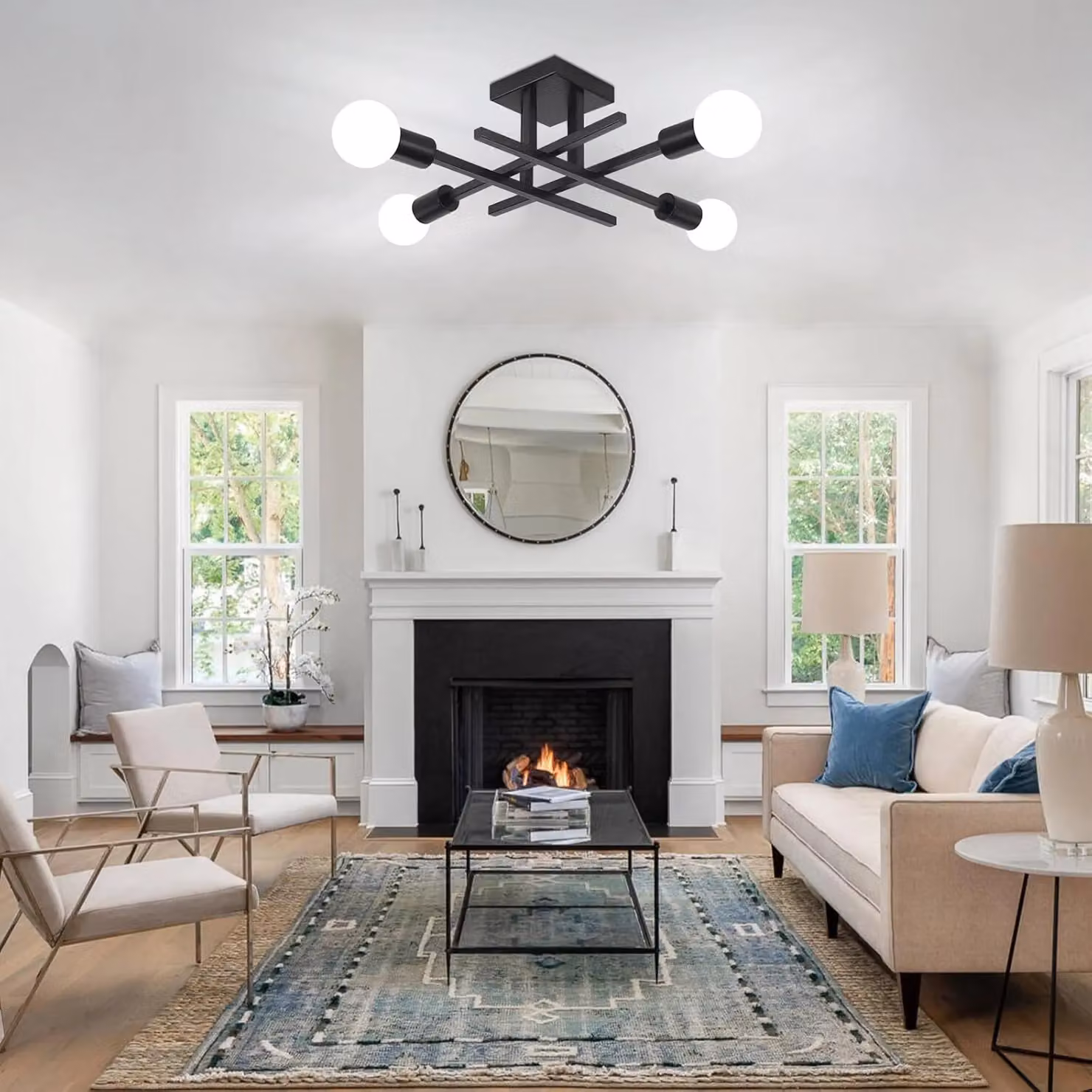 COMELY Industrial Vintage Semi Flush Mount Ceiling Light, 4 Light Black Metal Chandelier – 3