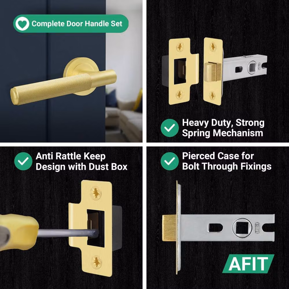 AFIT Satin Brass Knurled Round Rose Door Handles with Latch, Gold, 1 Pair – 5