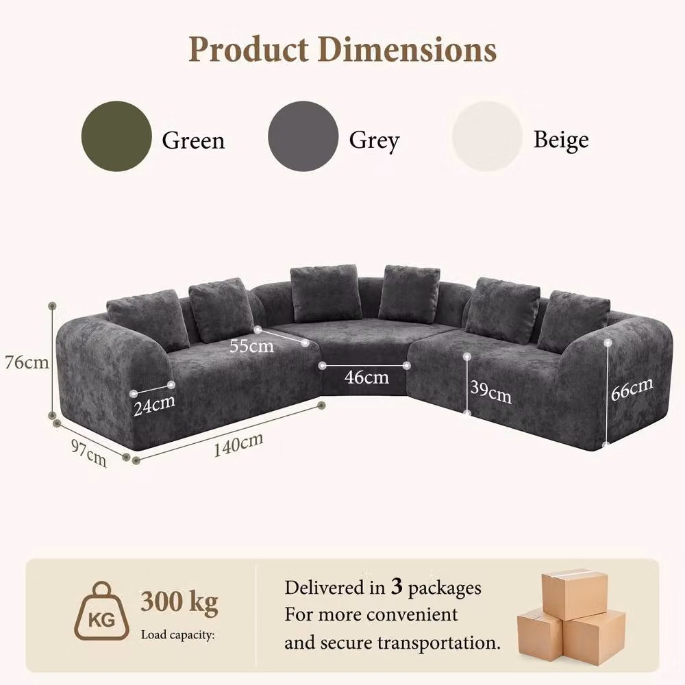 Dprodo Modular L-Shaped Chenille Corner Sofa in Grey, 3-Piece Set – 2