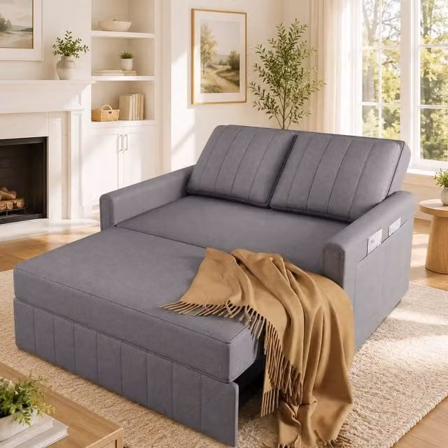 Merax 2-Seater Pull-Out Sofa Bed in Grey with Sleeping Function and Scatter Cushions
