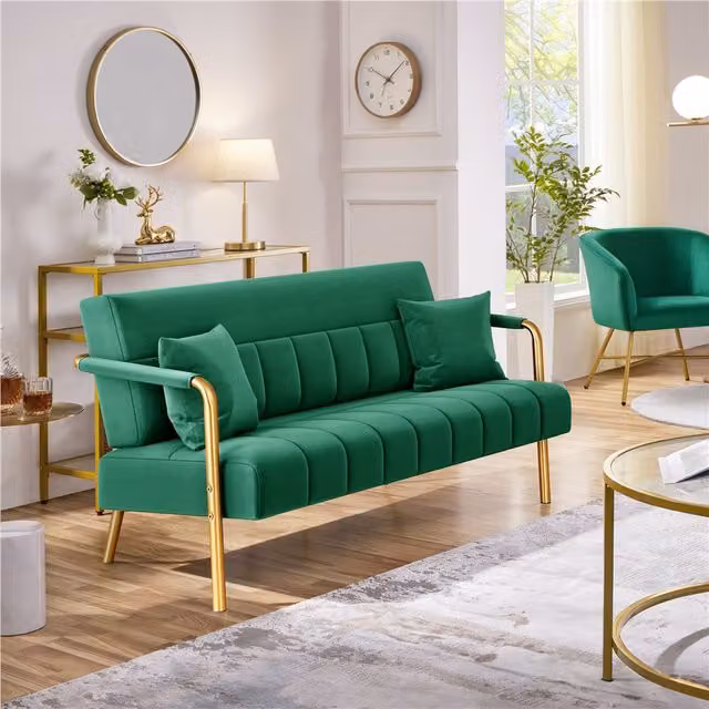 Yaheetech Modern Green Velvet Upholstered Sofa with Gold Metal Frame and Scatter Cushions