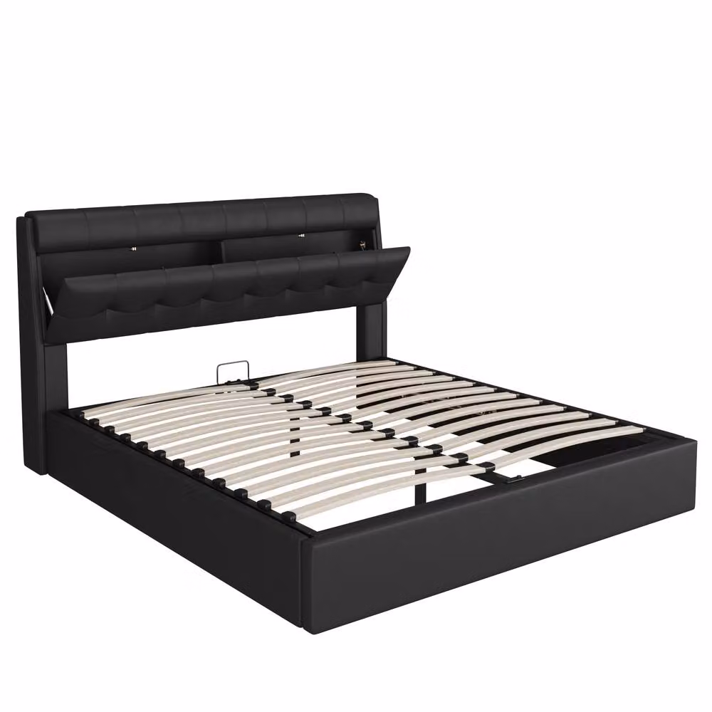 ModernLuxe Upholstered Double Bed with Hydraulic Storage and Headboard in Black Synthetic Leather, W/D/H: 140 x 200 x 135 cm – 6