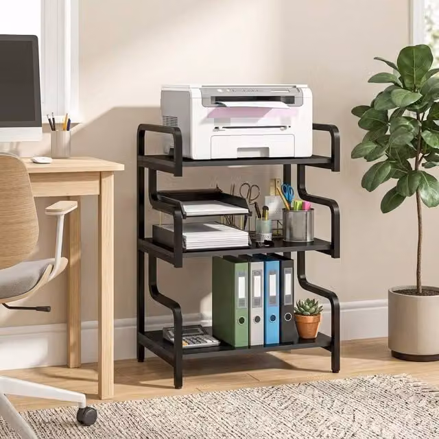 STILVORA 3 Tier Printer Stand with Storage Shelves in Matt Black Metal