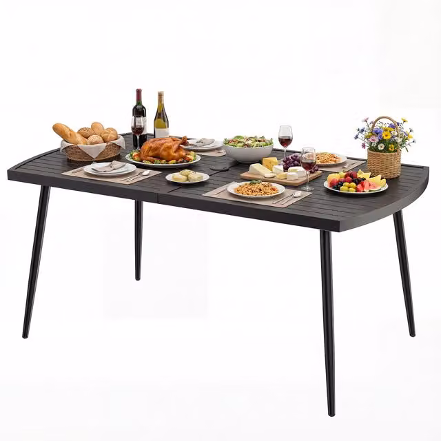 COSTWAY Black Metal Slat Patio Dining Table with Umbrella Hole