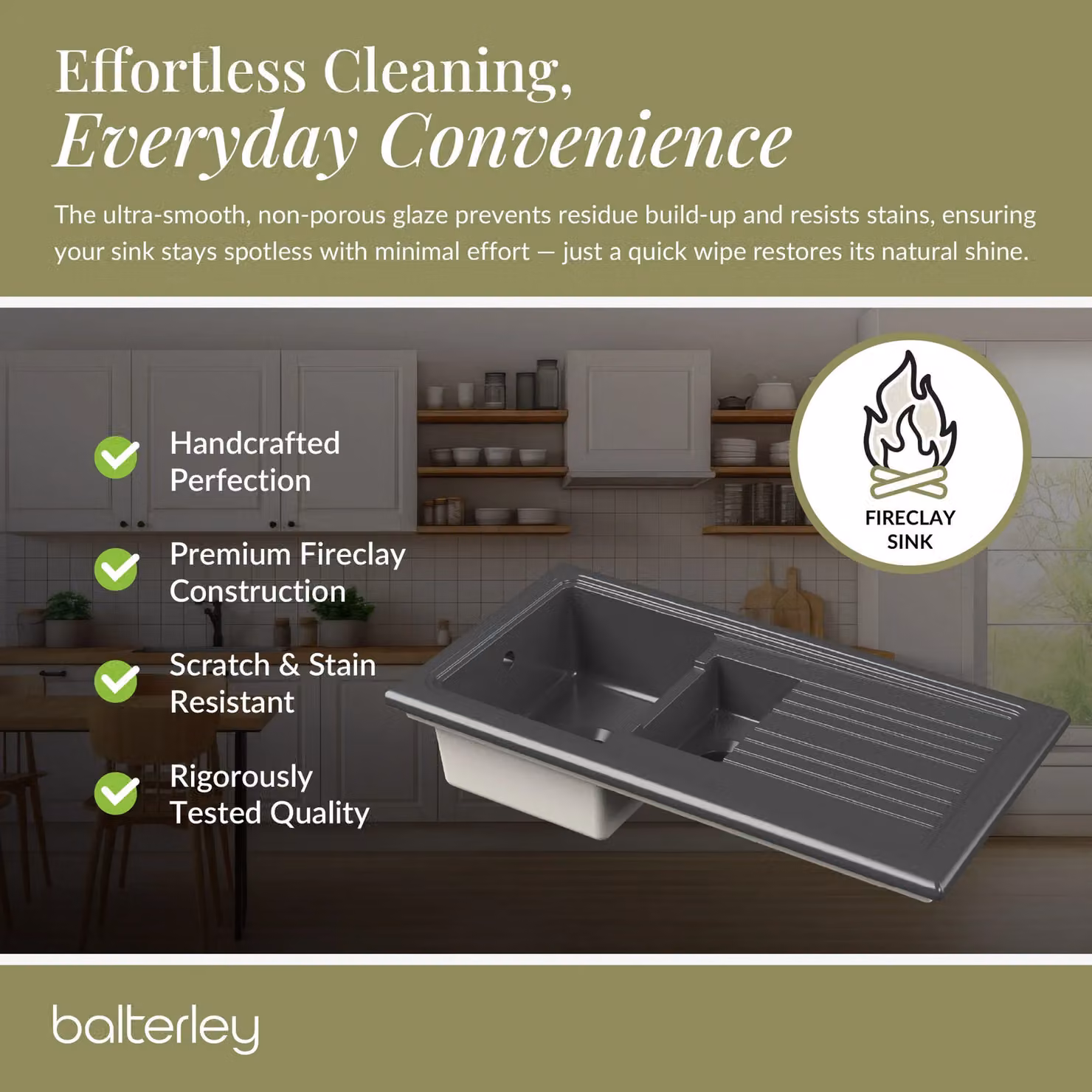 Balterley Ceramic 1.5 Bowl Kitchen Sink with Grooved Drainer, Dark Grey, W: 101.0 cm x D: 52.5 cm x H: 23.5 cm – 4