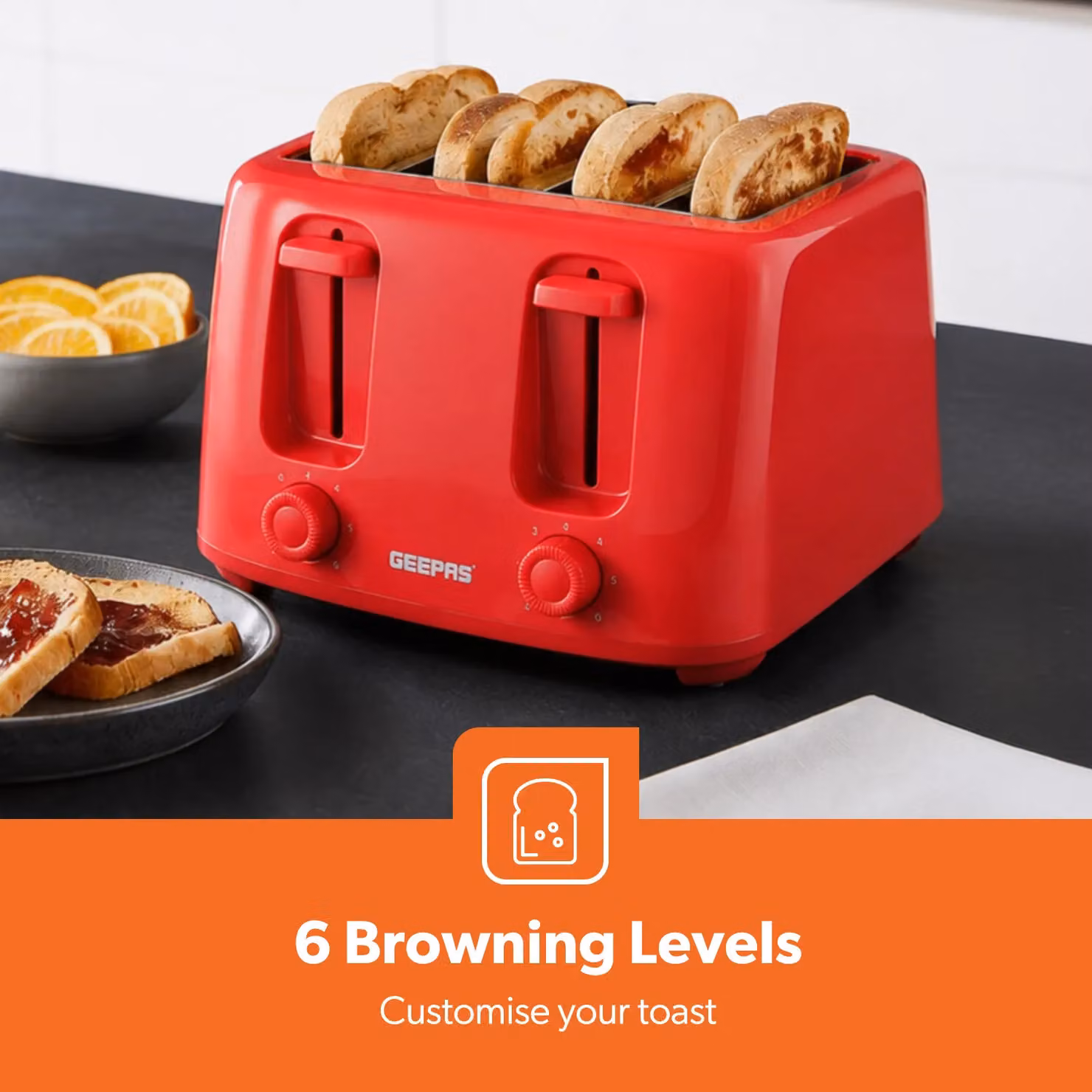Geepas 4 Slice Toaster 1400W in Red with Cable Storage – 3