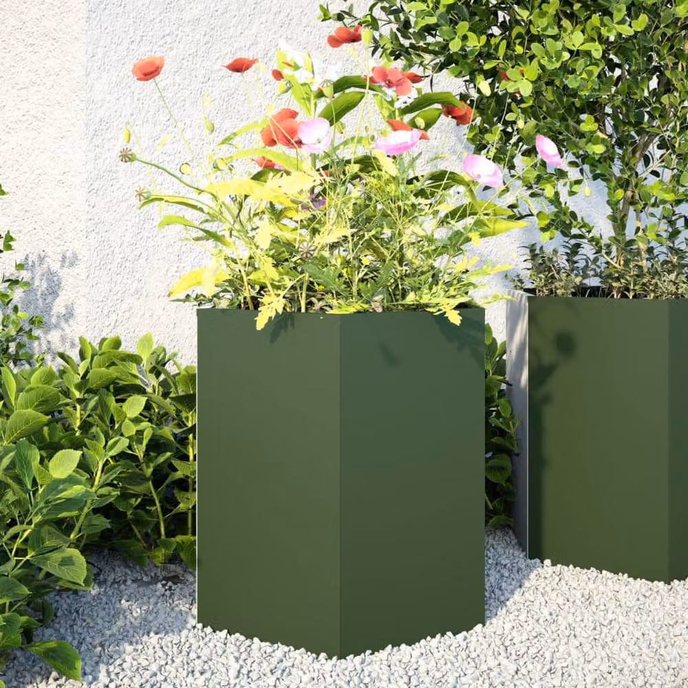 Berkfield Home Garden Hexagon Steel Planter Set, 2 Pieces, Green, W: 46 cm, D: 40 cm, H: 45 cm – 2