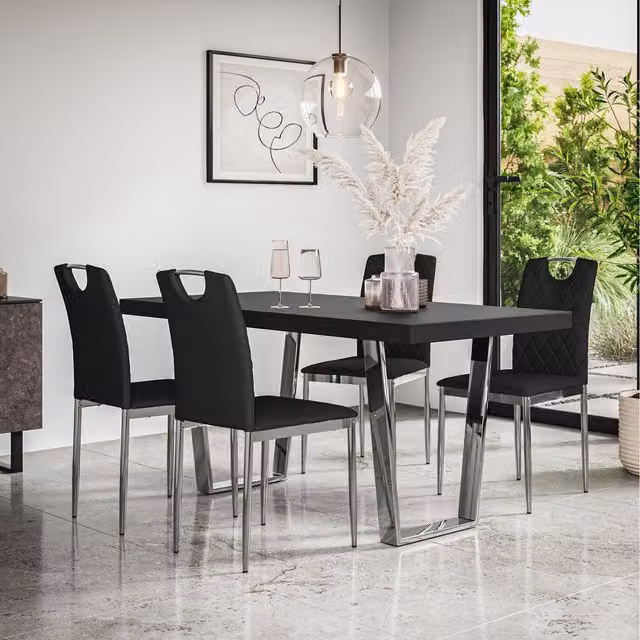 More4Homes Aria Dining Table Set with 4 Black Monza Faux Leather Chairs and Black Oak Table
