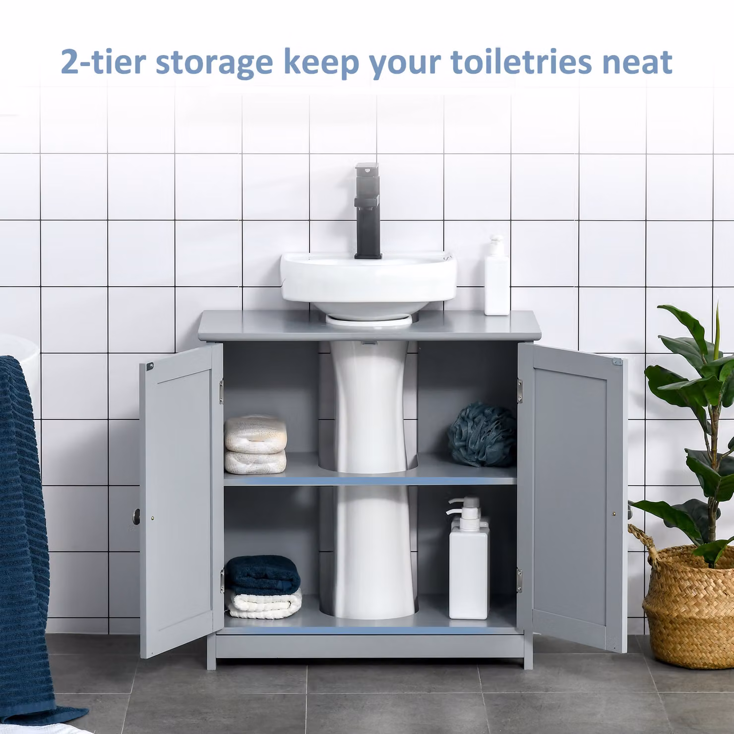 Kleankin Compact Under-Sink Bathroom Cabinet in Grey with Adjustable Internal Shelf and Hinged Doors, W/D/H: 60 x 60 x 60 cm – 2