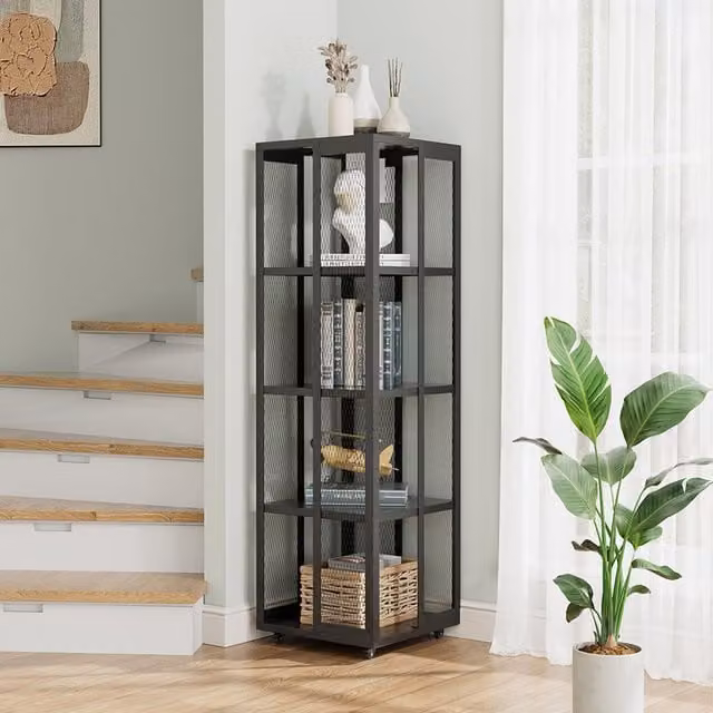 Livingandhome Modern Black Metal Movable Storage Rack and Bookshelf with Protective Mesh Back Panel