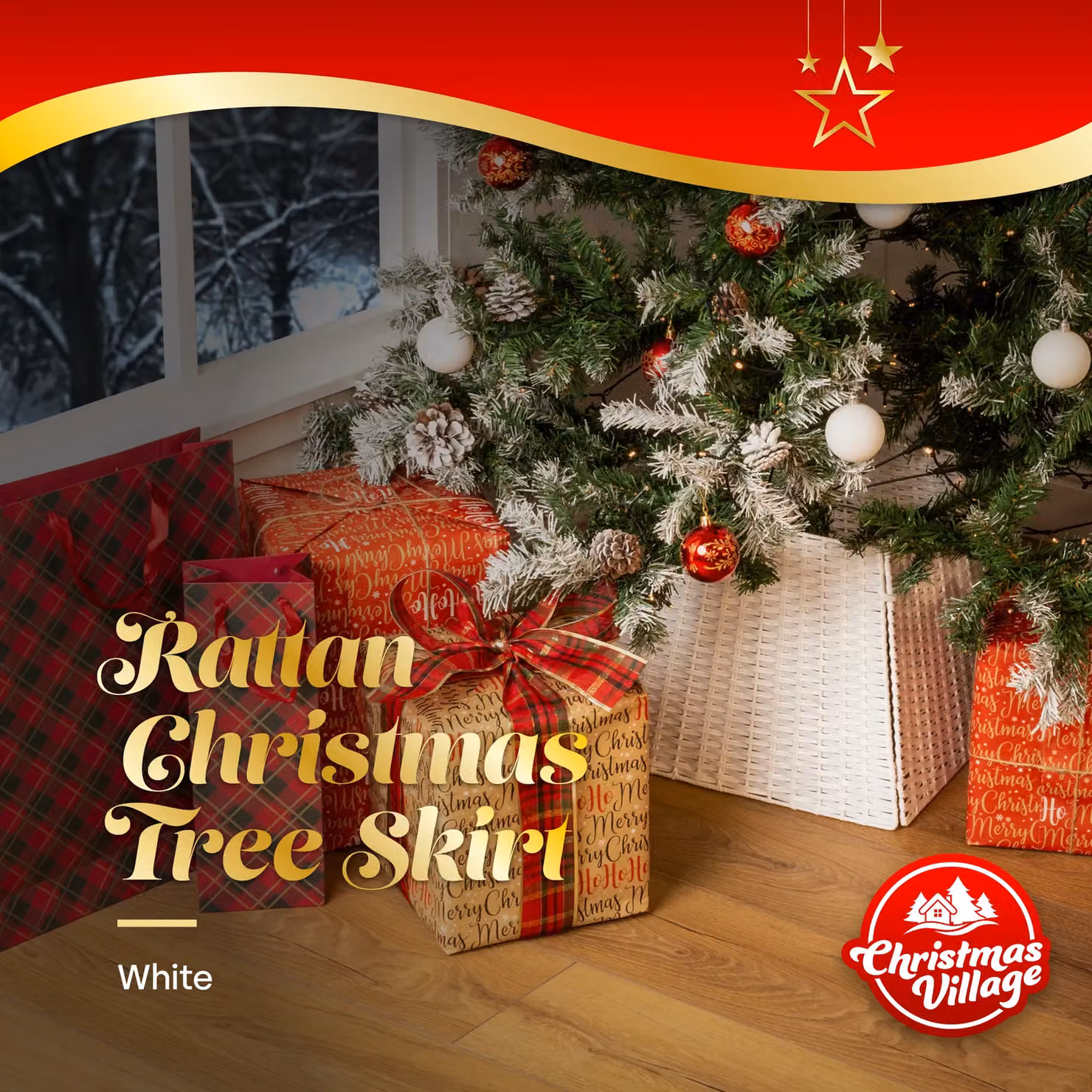 Christmas Village Square Rattan Christmas Tree Skirt in Grey and White – 2