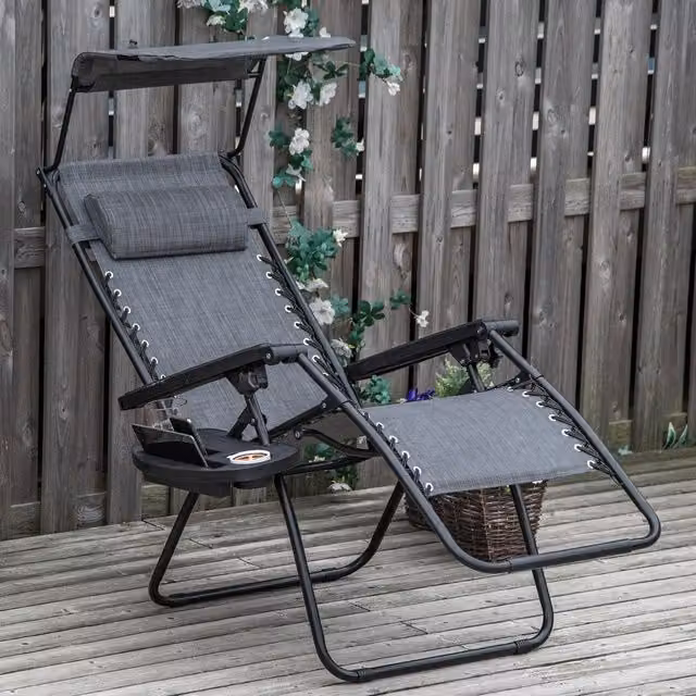 Outsunny Grey Zero Gravity Garden Deck Folding Chair with Sun Canopy, Adjustable Headrest and Side Tray