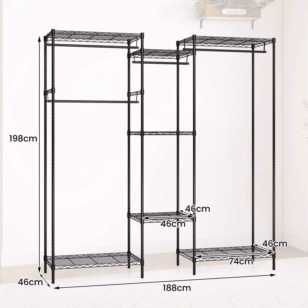 VOGREX Portable Convertible Clothes Wardrobe Organizer in Black with Adjustable Shelves and Hanging Rod – 2