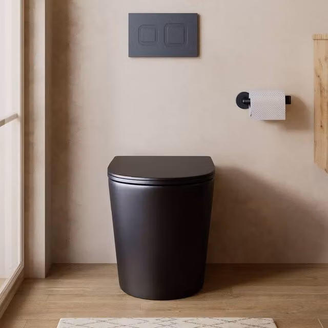 Banyetti Scene Rimless Back to Wall Floor Standing Ceramic Toilet with Soft Close Seat in Matt Black, W/D/H: 36 x 56 x 40 cm – 1