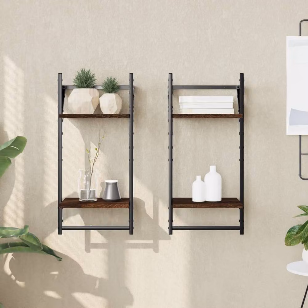 Berkfield Home 2-Tier Wall Mounted Shelves with Hanging Rods, Brown Oak, W/D/H: 30 x 25 x 65 cm – 2