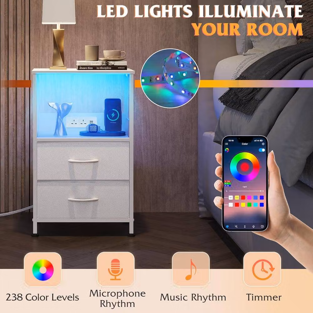 Rolipo LED Bedside Cabinet with Drawers and Charging Station in White – 3
