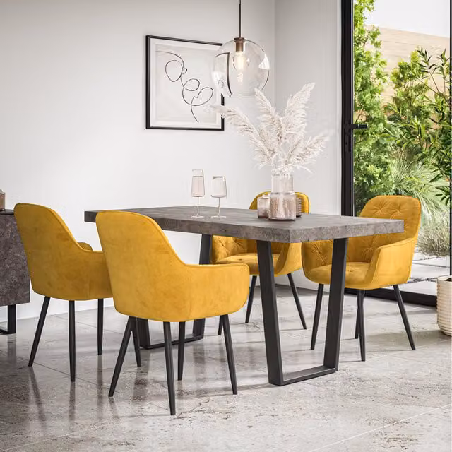 More4Homes Aria Dining Set with Concrete Effect Rectangular Table and 4 Anika Velvet Chairs in Mustard, Black and Grey