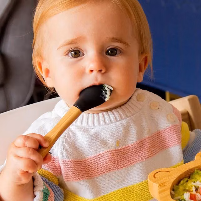 Tiny Dining Matte Black Bamboo and Silicone Baby Weaning Fork and Spoon Set