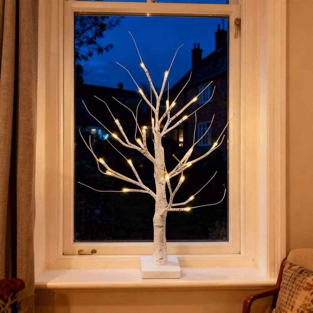 Shatchi Set of 4 White Birch Twig Christmas Trees with 24 Warm White LEDs, Height: 60 cm – 5