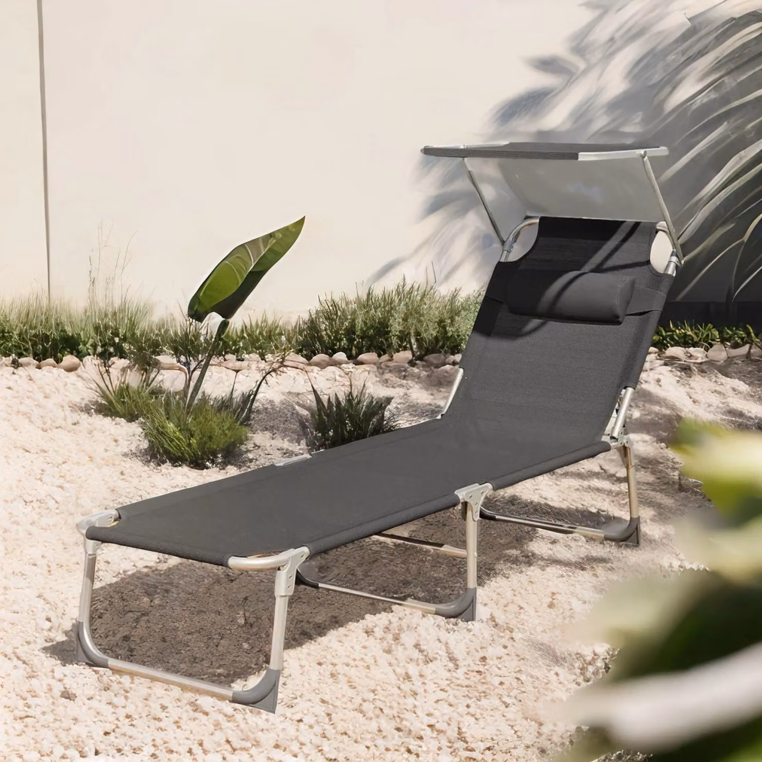 FURNOS Folding Sun Lounger with Sun Canopy and Adjustable Headrest in Dark Grey – 2