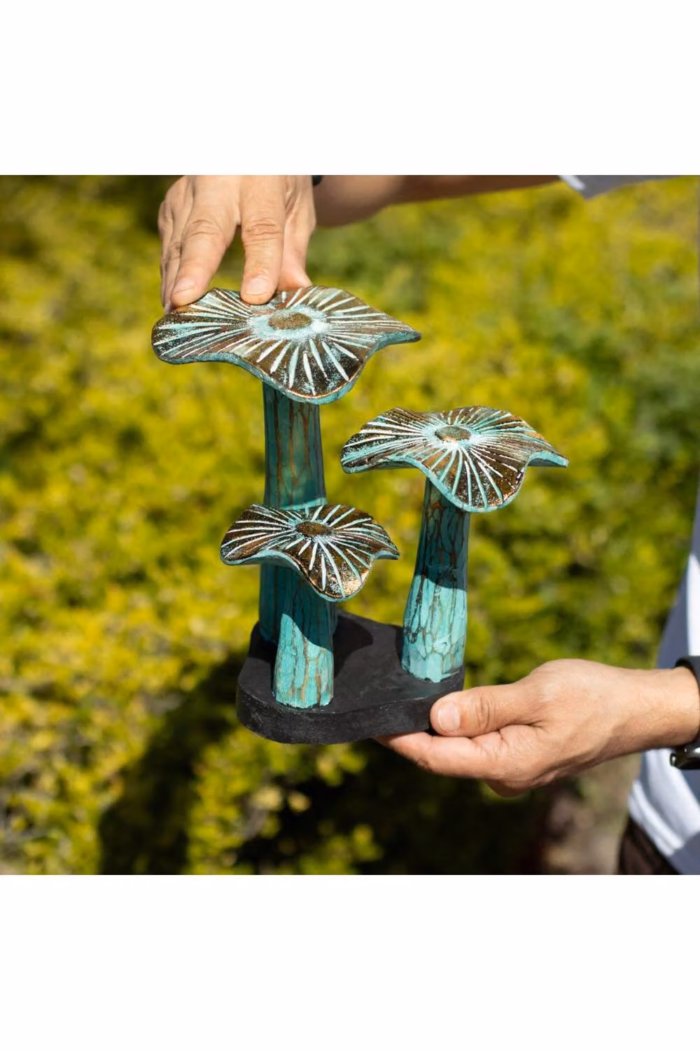 KDMD Greenwash Golden Mushroom Sculpture in Turquoise and Green Wood, 20 cm – 2