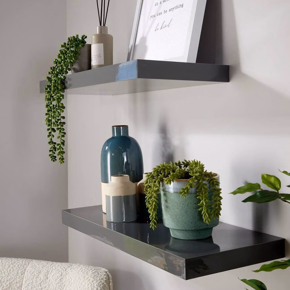 Home Source Pair of 2 Grey Glossy Floating Wall Mounted Wooden Storage Shelves, W: 60 cm, D: 38 cm, H: 23.5 cm – 4