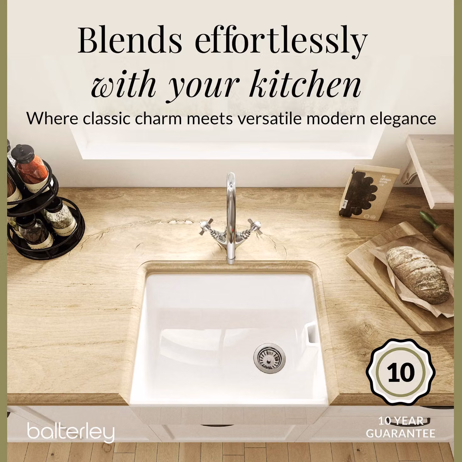 Balterley White Ceramic Single Bowl Belfast Sink with Basket Strainer Waste and Tap, W: 59.5 cm, D: 45.5 cm, H: 24.5 cm – 2