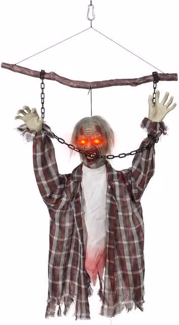 HOMCOM Hanging Animated Chained Zombie Halloween Decoration in Red and Multicolour – 1