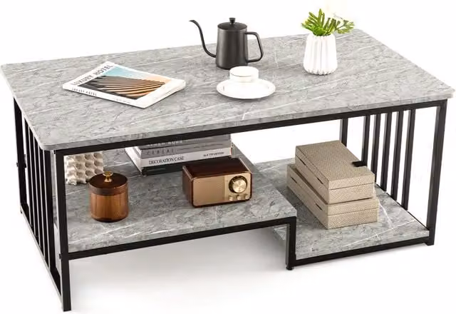 COSTWAY Modern Faux Marble Coffee Table with Open Shelf in Grey and Black